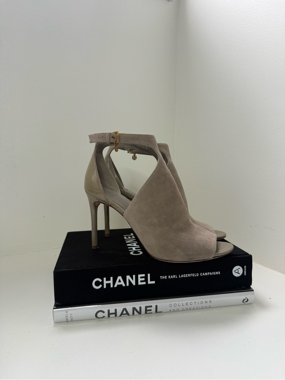 Tory Burch Suede Peep-Toe Ankle Strap Heels in Grey